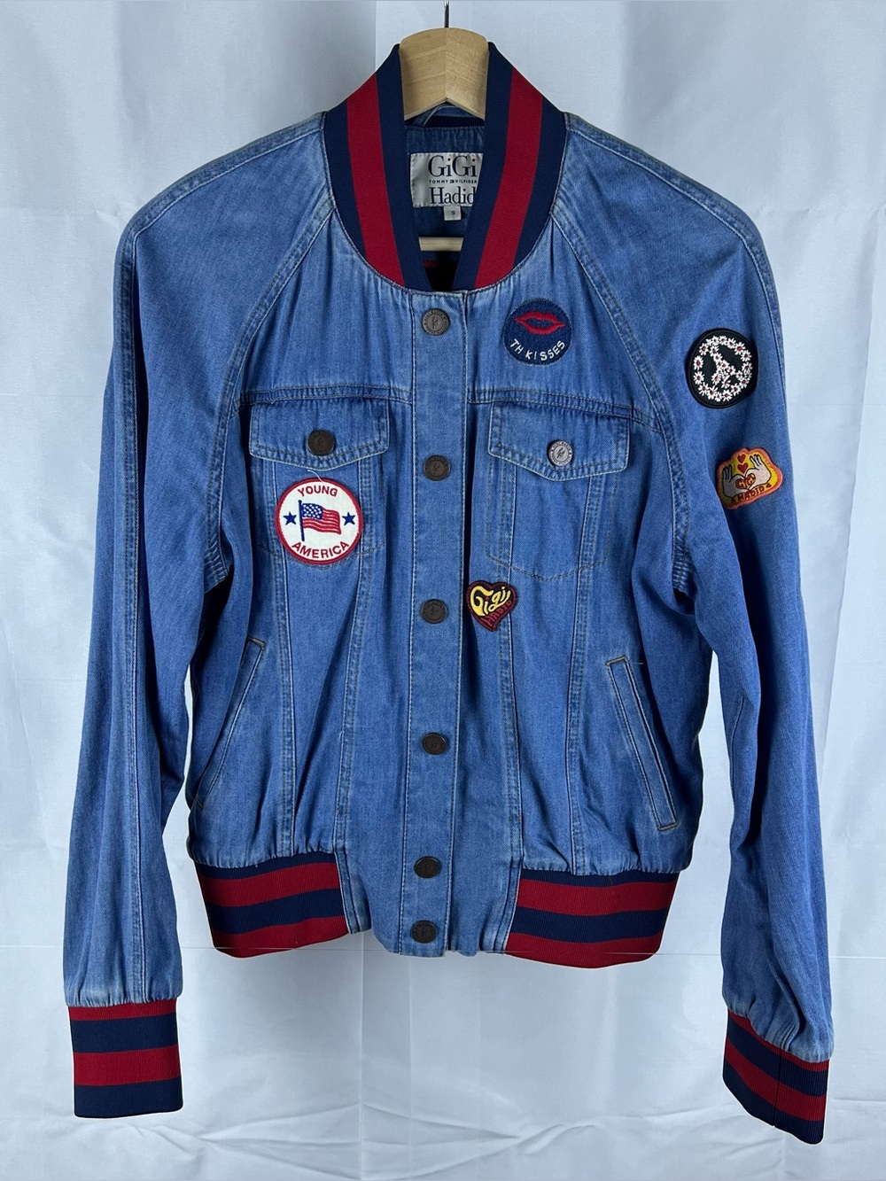 Tommy Hilfiger Gigi Hadid Collab Women’s Denim Bomber Letterman Jacket Sz Small
